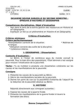 Première page de Histoire-Géographie 1ère C, 1ère D — 2e devoir surveillé, 2e semestre (2018-2019) · CEG du Lac