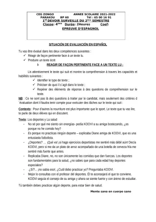 Première page de Espagnol 4e, 4e ML — 1er devoir surveillé, 2e semestre (2021-2022) · CEG ZONGO
