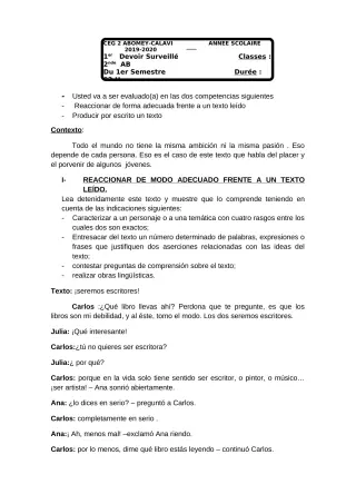 Première page de Espagnol 2nde A, 2nde B — 1er devoir surveillé, 1er semestre (2018-2019) · CEG2 ABOMEY - CALAVI (CEG ZOCA)