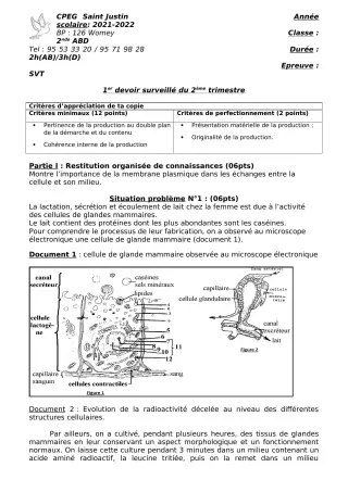 Première page de SVT 2nde A2, 2nde B, 2nde C, 2nde D, Tle D — 1er devoir surveillé, 2e trimestre (2021-2022) · CPEG SAINT Justin