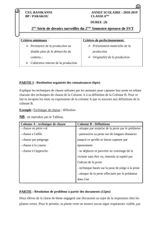 Première page de SVT 6e — Devoir surveillé, 2e semestre (2018-2019) · CEG Banikanni