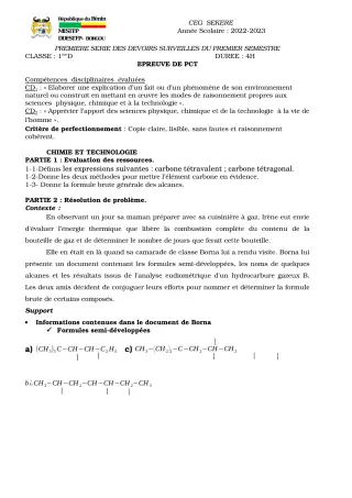 Première page de PCT 1ère D — 1er devoir surveillé, 1er semestre (2022-2023) · CEG SEKERE