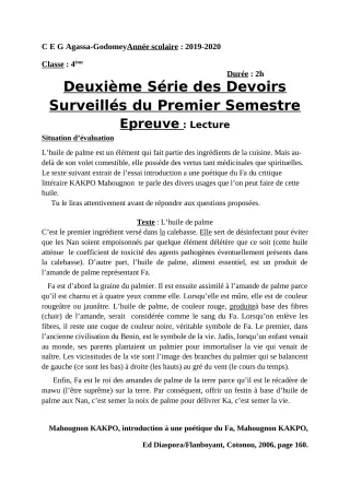 Première page de Français 4e, 4e ML — 2e devoir surveillé, 1er semestre (2019-2020) · CEG Agassa Godomey