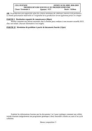 Première page de SVT Tle A1, Tle A2 — 1er devoir surveillé, 1er semestre (2018-2019) · ceg ouenou