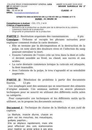 Première page de SVT 6e — Devoir surveillé, 1er trimestre (2019-2020) · CPEG LICA