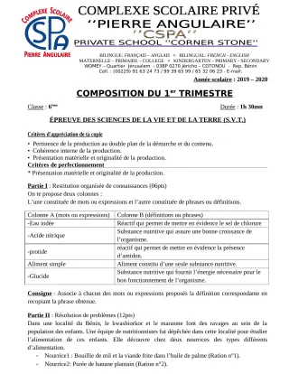 Première page de SVT 6e — Composition, 1er trimestre (2019-2020) · CPEG PIERRE ANGULAIRE