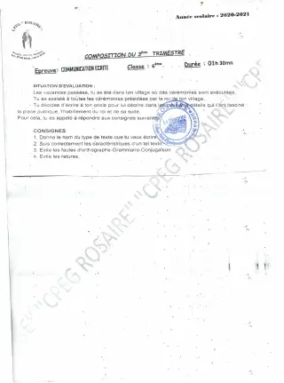 Première page de Français 6e — 3e trimestre (2020-2021) · CPEG ROSAIRE