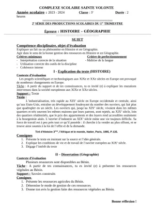 Première page de Histoire-Géographie 6e, 5e, 4e, 3e — 2e production scolaire, 1er trimestre (2023-2024) · CPEG Sainte Volonté