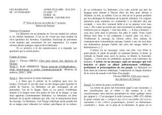 Première page de Français 1ère A2, 1ère B, 1ère C, 1ère D — Devoir surveillé, 1er semestre (2018-2019) · CEG Banikanni