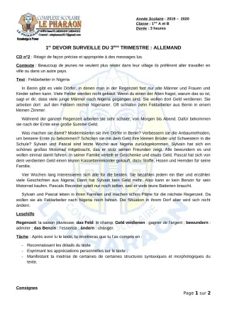 Première page de Allemand 1ère A, 1ère B — 1er devoir surveillé, 3e trimestre (2019-2020) · CPEG LE PHARAON