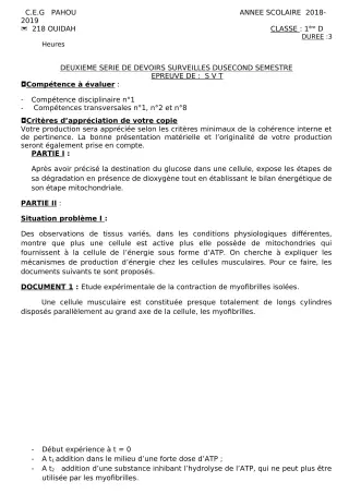 Première page de SVT 1ère D — 2e devoir surveillé, 2e semestre (2018-2019) · CEG PAHOU