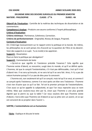 Première page de Philosophie 1ère A2 — 2e devoir surveillé, 1er semestre (2020-2021) · CEG SEKERE