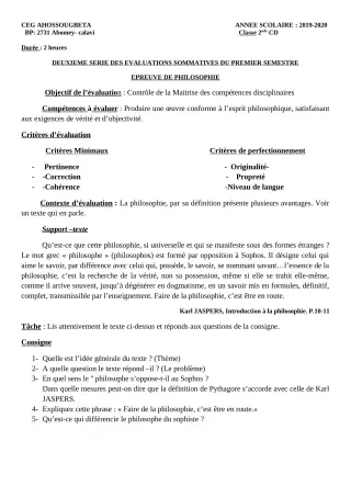 Première page de Philosophie 2nde C — 2e évaluation sommative, 1er semestre (2019-2020) · CEG Ahossougbéta