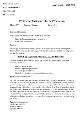 Première page de Espagnol 3e ML — 1er devoir surveillé, 2e semestre (2018-2019) · CEG SONSORO