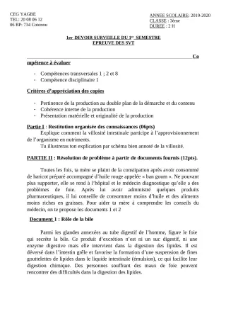 Première page de SVT 3e, 3e ML — 1er devoir surveillé, 1er semestre (2019-2020) · CEG Yagbe