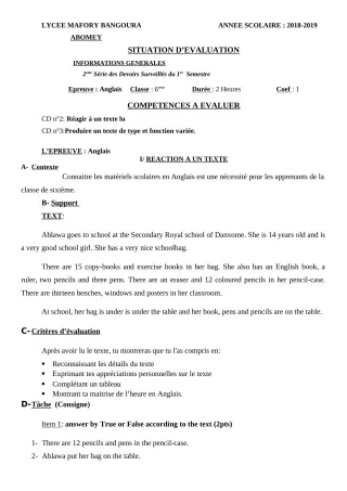 Première page de Anglais 6e — 2e devoir surveillé, 1er semestre (2018-2019) · Lycée Houegbadja d'Abomey (Ex Mafory Bangoura)