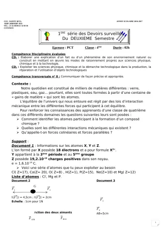 Première page de PCT 4e ML&MC — 1er devoir surveillé, 2e semestre (2018-2019) · CEG Sainte Rita