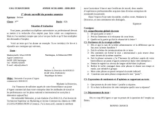 Première page de Français 4e — 1er devoir surveillé, 1er semestre (2018-2019) · CEG Tchatchou