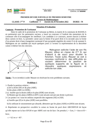 Première page de Mathématiques 2nde D — 1er devoir surveillé, 1er semestre (2022-2023) · CEG SEKERE