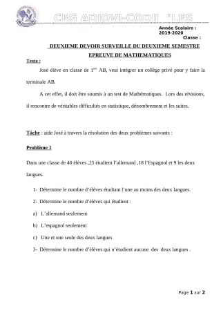 Première page de Mathématiques 1ère B — 2e devoir surveillé, 2e semestre (2019-2020) · CEG ADJOVICODJI 'LES OLIVIERS'
