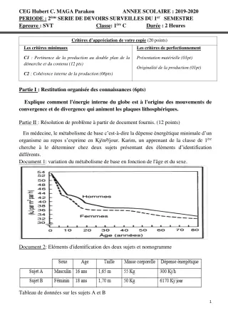 Première page de SVT 1ère C — 2e devoir surveillé, 1er semestre (2019-2020) · CEG Hubert C. MAGA