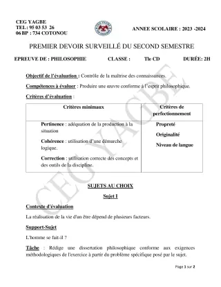 Première page de Philosophie Tle C, Tle D — 1er devoir surveillé, 2e semestre (2023-2024) · CEG Yagbe