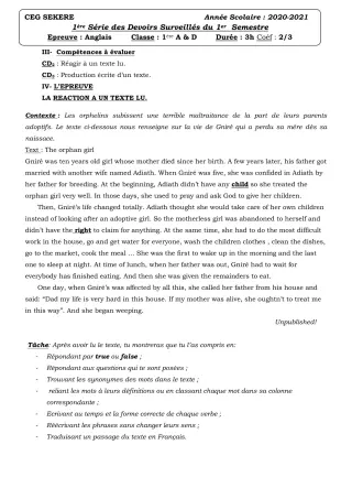 Première page de Anglais 1ère A2, 1ère D — 1er devoir surveillé (2020-2021) · CEG SEKERE