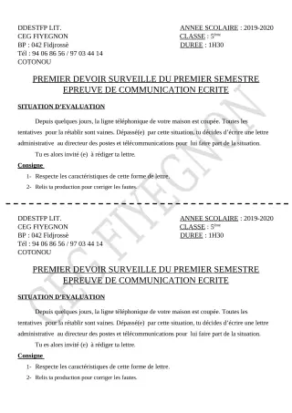 Première page de Français 5e — 1er devoir surveillé, 1er semestre (2019-2020) · CEG FIYEGNON
