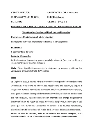 Première page de Histoire-Géographie 1ère A1, 1ère A2, 1ère B — 1er devoir surveillé, 1er semestre (2021-2022) · CEG LE NOKOUE