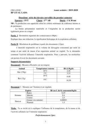 Première page de SVT 1ère A & B — 2e devoir surveillé, 1er semestre (2019-2020) · CEG AYOU