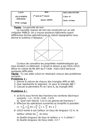 Première page de Mathématiques 6e — 2e devoir surveillé, 2e semestre (2019-2020) · CEG Honton