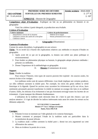 Première page de Histoire-Géographie 2nde A2 — 1er devoir surveillé, 1er semestre (2019-2020) · CEG Kaïtèmè