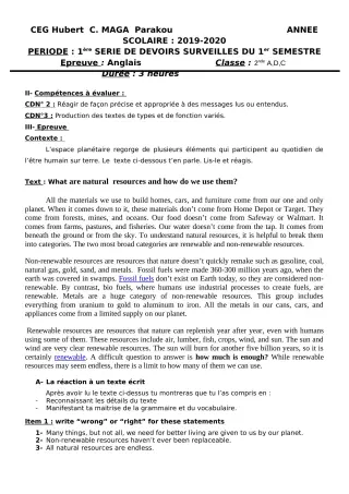 Première page de Anglais 2nde A1, 2nde A2, 2nde B, 2nde C, 2nde D — 1er devoir surveillé, 1er semestre (2019-2020) · CEG Hubert C. MAGA