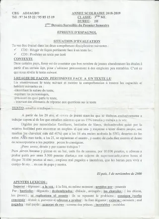 Première page de Espagnol 3e ML — 2e devoir surveillé, 1er semestre (2018-2019) · CEG ADJAGBO