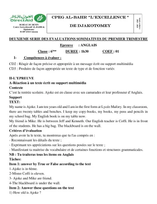 Première page de Anglais 6e, 5e — 2e évaluation sommative, 1er trimestre (2023-2024) · CPEG L'EXCELLENCE