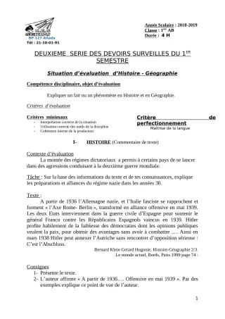 Première page de Histoire-Géographie Tle A & B — 2e devoir surveillé, 1er semestre (2018-2019) · CEG Sékou