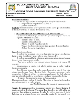 Première page de Espagnol 3e — 2e devoir surveillé, 1er semestre (2023-2024) · CEG SEKERE