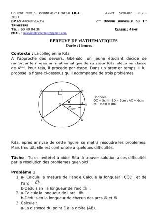 Première page de Mathématiques 4e, 4e ML — 2e devoir surveillé, 1er trimestre (2020-2021) · CPEG LICA