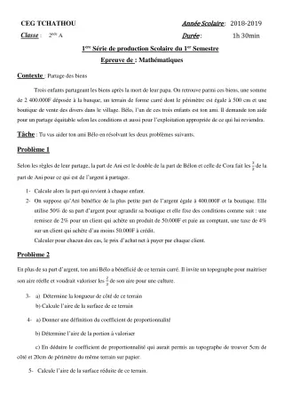 Première page de Mathématiques 2nde A, 2nde B — 1re production scolaire, 1er semestre (2018-2019) · CEG Tchatchou