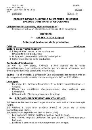 Première page de Histoire-Géographie 4e, 4e ML — 1er devoir surveillé, 1er semestre (2020-2021) · CEG du Lac