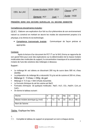 Première page de PCT 5e — 2e semestre (2020-2021) · CEG du Lac
