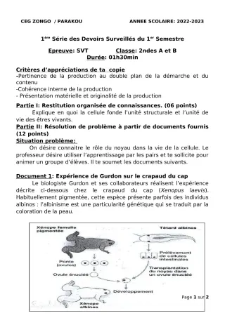 Première page de SVT 2nde A2, 2nde B — 1er devoir surveillé, 1er semestre (2022-2023) · CEG ZONGO