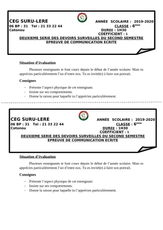 Première page de Français 6e, 5e, 4e, 4e ML, 3e, 3e ML, 2nde B, 2nde C, 2nde D, 1ère A, 1ère B, 1ère C, 1ère D, Tle A1, Tle A2, Tle B, Tle C, Tle D — 2e devoir surveillé, 2e semestre (2019-2020) · CEG SURU-LERE