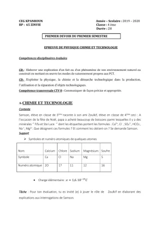 Première page de PCT 4e — Interrogation, 1er semestre (2019-2020) · CEG Kpanroun