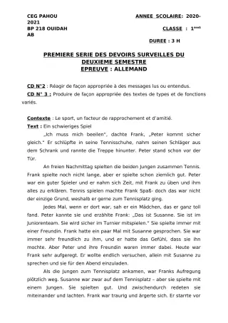 Première page de Allemand 1ère A1, 1ère A2, 1ère B — 1er devoir surveillé, 2e semestre (2020-2021) · CEG PAHOU