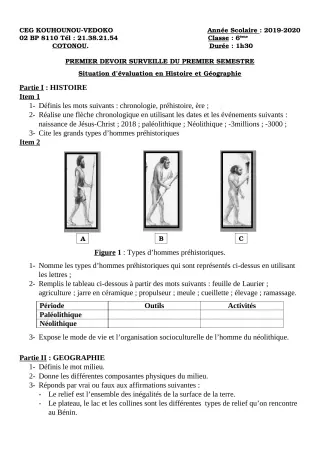 Première page de Histoire-Géographie 6e — 1er devoir surveillé, 1er semestre (2019-2020) · CEG Kouhounou-Vêdoko