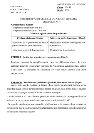 Première page de SVT Tle A2, Tle B — 1er devoir surveillé, 1er semestre (2020-2021) · CEG du Lac
