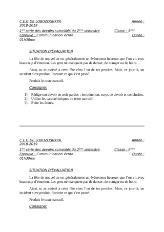 Première page de Français 6e — 1er devoir surveillé, 2e semestre (2018-2019) · CEG Lobozounkpa