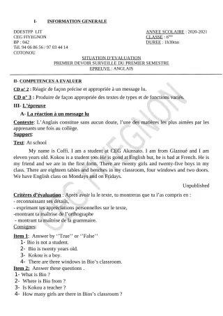 Première page de Anglais 6e — 1er devoir surveillé, 1er semestre (2020-2021) · CEG FIYEGNON