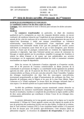 Première page de Philosophie 2nde A2, 2nde B, 2nde C, 2nde D, 1ère A2, 1ère B, 1ère C, 1ère D, Tle A & B, Tle A2, Tle C, Tle D — 2e devoir surveillé, 2e semestre (2018-2019) · CEG Banikanni